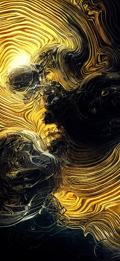 Prompt: epicillustration, abstract sculpture of beautiful female body and black swirling liquifying acrylic portrait, fluffy clouds, mechanical superstructure, glowing edges, golden hour, beautiful light, sculpture of carving marble, dark colors, dark mood, one point light, golden spirals, clockwork, epic matte painting, concept art, bokeh, digital painting