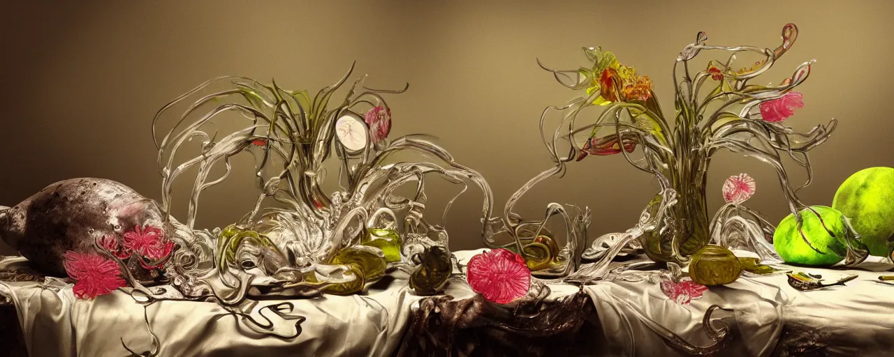 Prompt: ultradetailed photorealistic still life with jelly flowers by ernst haeckel, caravaggio, roger dean and andrei tarkovsky, slime and tentacles, wide angle, minimalistic cinematic composition, octane render, bokeh, unreal engine, 4k 3d render