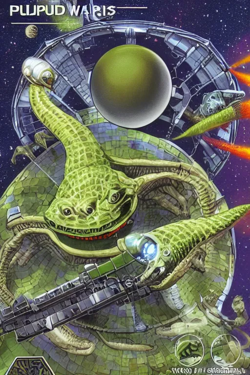 Prompt: pulp reptilian space wars with astronout in Dyson sphere, higly detailed