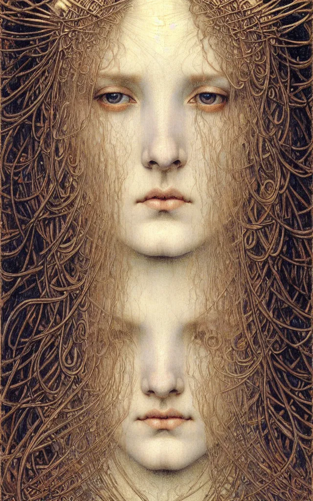 Image similar to detailed realistic beautiful young medieval queen face portrait by jean delville, gustave dore and marco mazzoni, art nouveau, symbolist, visionary, gothic, pre - raphaelite. horizontal symmetry