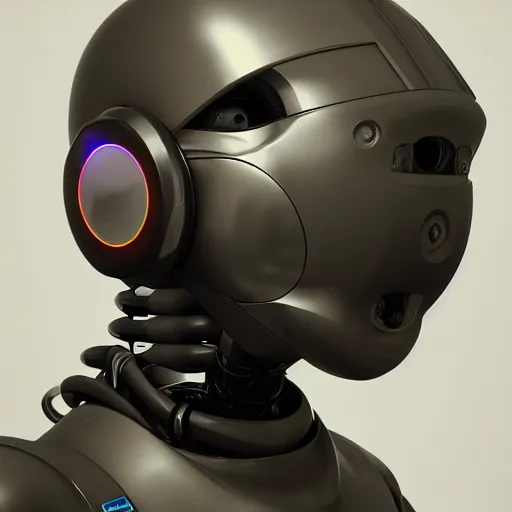 Image similar to an amazing robot-helmet, robotic head-bust portrait, of a sci-fi, human robot hybrid with weaponized systems built into the 3d helmet, cgi, zbrush, blender, octane render