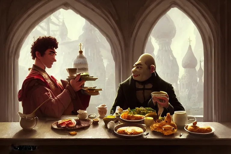 Prompt: russian poet alexander pushkin and shrek having breakfast together, portrait, highly detailed, digital painting, artstation, concept art, smooth, sharp focus, illustration, cinematic lighting, art by artgerm and greg rutkowski and alphonse mucha