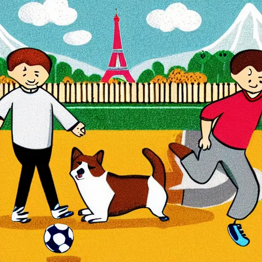 Image similar to illustration of french boy in paris playing football against a corgi, the dog is wearing a polka dot scarf