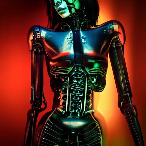 Image similar to charlotte kemp muhl as a cyborg android, giger, futuristic, cyberpunk, neon, vivid color, high resolution, 8 k detail