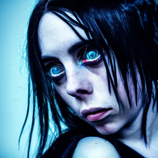 Image similar to Adult Billie Eilish as a demon in heaven, blood flowing from eyes, grungy, unkept hair, glowing eyes, modelsociety, radiant skin, huge anime eyes, RTX on, bright on black, dramatic, studio lighting, perfect face, intricate, Sony a7R IV, symmetric balance, polarizing filter, Photolab, Lightroom, 4K, Dolby Vision, Photography Award