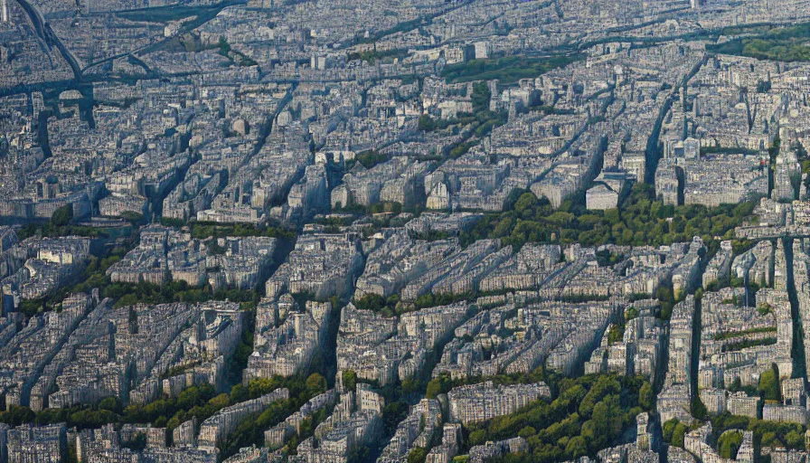 Image similar to Aerial view of Paris with lots of vegetation, hyperdetailed, artstation, cgsociety, 8k