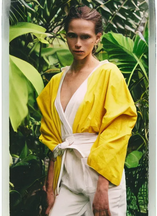 Image similar to grainy head to shoulder portrait Polaroid film photograph of an elegant top model wearing a yellow kimono in a tropical greenhouse. looking at the camera!!. super resolution. Extremely detailed. Polaroid 600 film. art by Rineke Dijkstraand Annie Leibovitz.