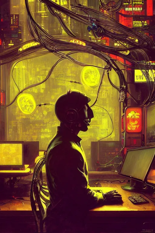 Image similar to hyperrealist portrait of pac man, it is decorated with long wires and computer monitors on their body in the cyberpunk office background. by jeremy mann and alphonse mucha, fantasy art, photo realistic, dynamic lighting, artstation, poster, volumetric lighting, very detailed faces, 8 k, award winning