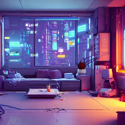 Image similar to the cyberpunk apartment, render, octane, 4k, highly detailed, vivid colors, high definition, by James Gilleard and Makoto Shinkai