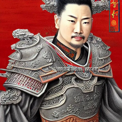 Image similar to dynamic composition, motion, ultra-detailed, incredibly detailed, a lot of details, amazing fine details and brush strokes, colorful and grayish palette, smooth, HD semirealistic anime CG concept art digital painting, watercolor oil painting of a Tang Ming dynasty chinese tao fantasy general wearing armor, from Three Kingdoms, by a Chinese artist at ArtStation, by Huang Guangjian, Fenghua Zhong, Ruan Jia, Xin Jin and Wei Chang. Realistic artwork of a Chinese videogame, gradients, gentle an harmonic grayish colors.