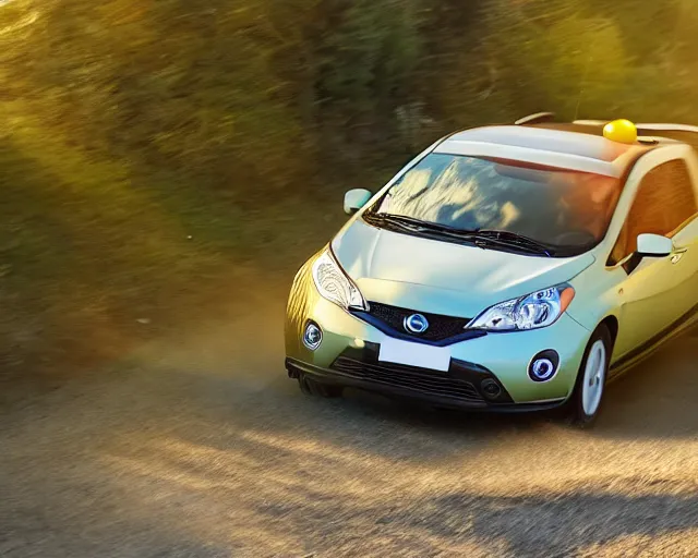 Image similar to border collie dog in the driver's seat of an orange nissan note, paws on wheel, car moving fast, rally driving photo, award winning photo, golden hour, front of car angle, motion blur