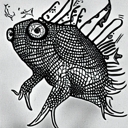 Image similar to A trypophobia fish with man hands for fins, fighting a seagull with human teeth and bat wings for feet, in the style of Tim Burton