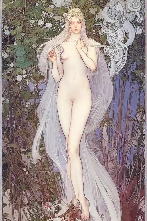 Prompt: Character design of a pure white witch from the Garden of Eden by mucha and range murata