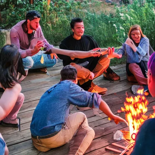 Image similar to photograph of people bonding around a firecircle, kismet