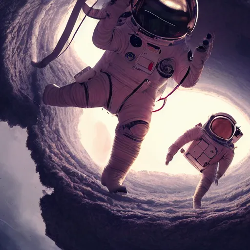 Image similar to an epic portrait of an astronaut entering the rabbit hole of wonderland, cinematic lighting, trending on Artstation, highly detailed, insane details