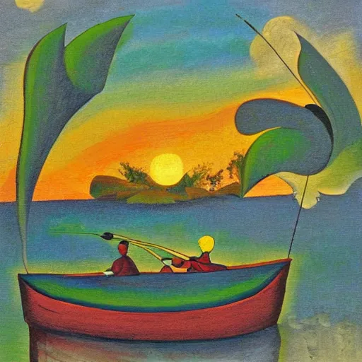 Image similar to Cubist painting of two elves fishing in a boat at sunset on a quiet pond