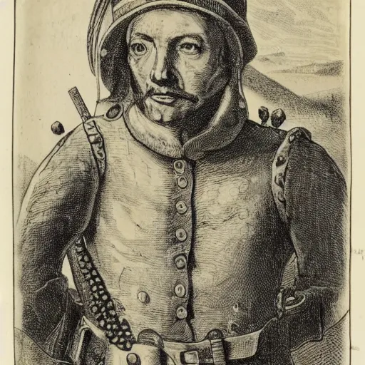 Prompt: tA colonial soldier with an octopus head, engraving, ink, black and white, 17th century