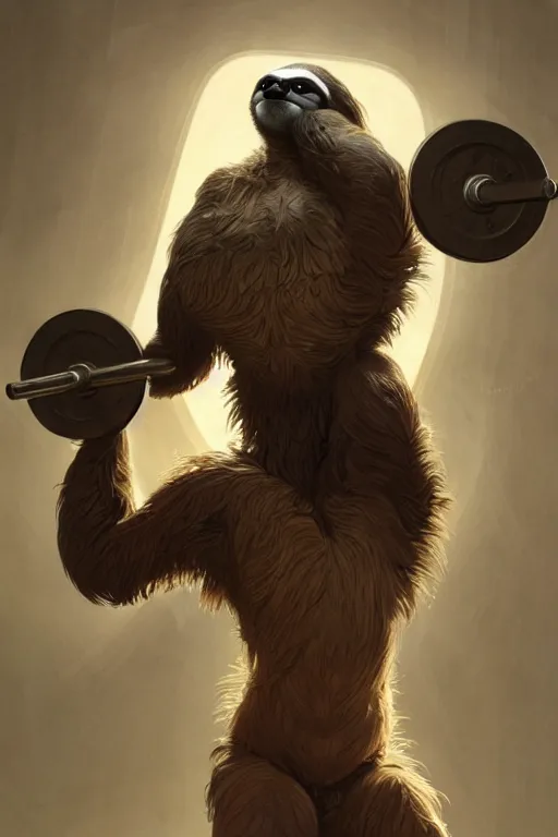 Image similar to anthro sloth lifting weights, dim dingy gym, dynamic pose, fantasy, intricate, elegant, highly detailed, digital painting, artstation, concept art, matte, sharp focus, illustration, art by artgerm and greg rutkowski and alphonse mucha