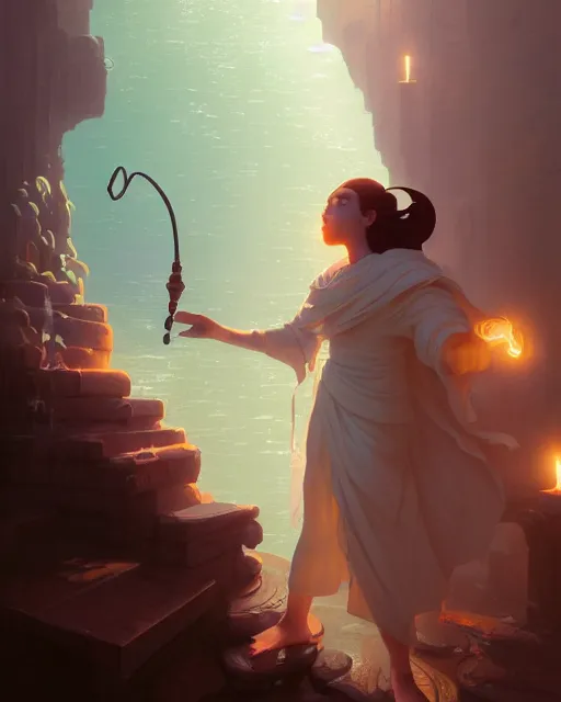 Image similar to highly detailed vfx portrait a mage casting a water spell, stephen bliss, unreal engine, greg rutkowski, loish, rhads, beeple, makoto shinkai and lois van baarle, ilya kuvshinov, rossdraws, tom bagshaw, alphonse mucha, global illumination, detailed and intricate environment