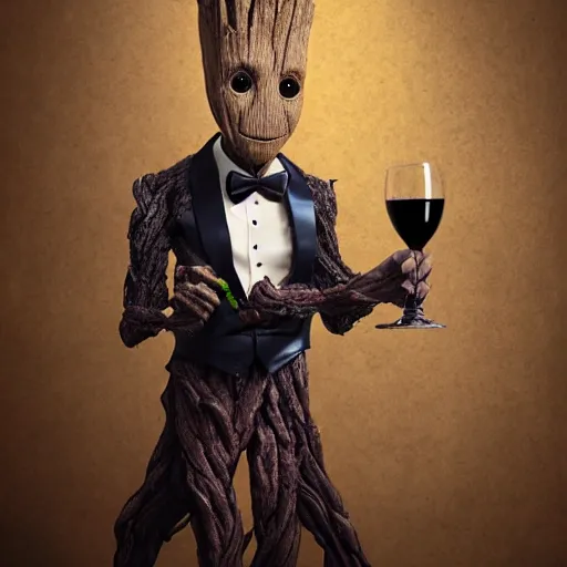 Prompt: realistic groot as a gentleman wearing tuxedo drinking wine on a studio shot, digital art, trending on artstation, behance, octane, intricate, ornate, photorealistic, hyper realism, high detail, movie shot, studio lighting, 8 k, vivid colors, smooth gradients, cinematic