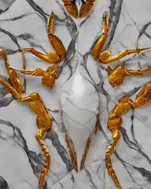 Image similar to white calacatta gold marble, white and gold kintsugi, bas relief carving, feminine shapes, crab shapes, spider shapes, scorpion shapes, tarantula shapes, stunning, highly detailed, intricately detailed, octane, 8 k, trending on artstation