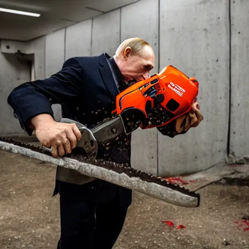 Image similar to putin with a chainsaw and a corpse. in a concrete bunker. focus on putins face with blood splatters. canon eos r 3, f / 1. 4, iso 1 6 0 0, 1 / 8 0 s, 8 k, raw, grainy