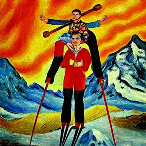 Image similar to oil painting of Frida kahlo skiing down mount Everest with Salvador Dali, in the style of van Gogh