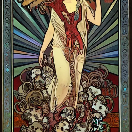 Image similar to a beautiful female necromancer surrounded by skulls by Alphonse Mucha