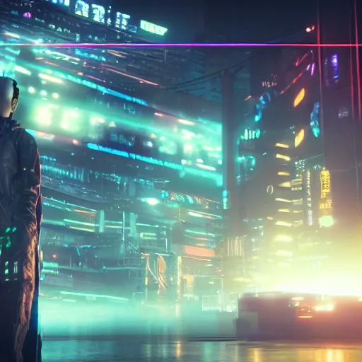 Prompt: « glowing neon lights, sunrise, cyberpunk, alita battle angel, blade runner,, cold, clouds, far view, photorealistic, unreal engine 5, sharp focus »