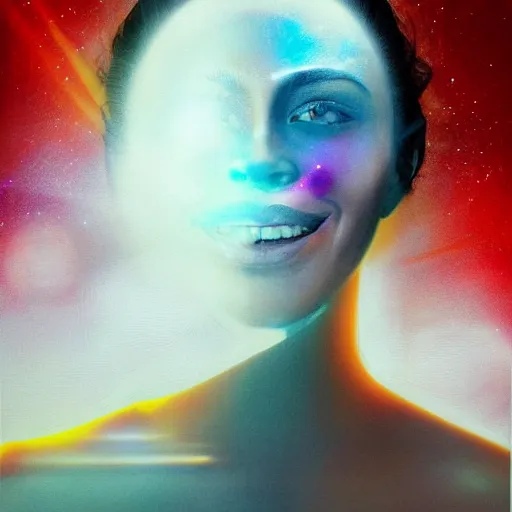 Prompt: sci - fi, morning, smiling fashion model sun face, cinematic, clouds, sun rays, vogue cover style, poster art, realistic painting