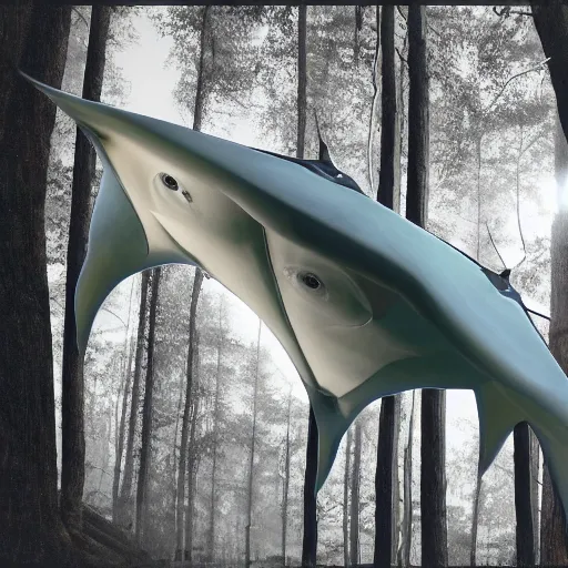 Prompt: poorly shot trail cam footage from the early 2 0 0 0 s of a hyperintelligent alien mantaray from beyond the stars stalking through the woods, proper anatomy, sci fi fantasy, photorealistic, trending on artstation, national geographic
