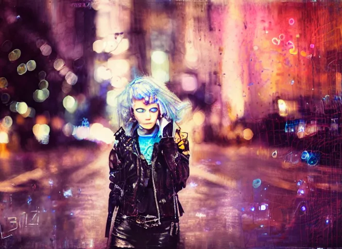 Image similar to detailed portrait of a punk girl with blue eyes in the city street at night, bokeh, long exposure, painting by enki bilal christopher doyle