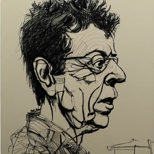 Prompt: a realistic yet scraggly portrait sketch of the side profile of a stern and sophisticated lou reed, trending on artstation, intricate details, in the style of frank auerbach, in the style of sergio aragones, in the style of martin ansin, in the style of david aja, in the style of mattias adolfsson