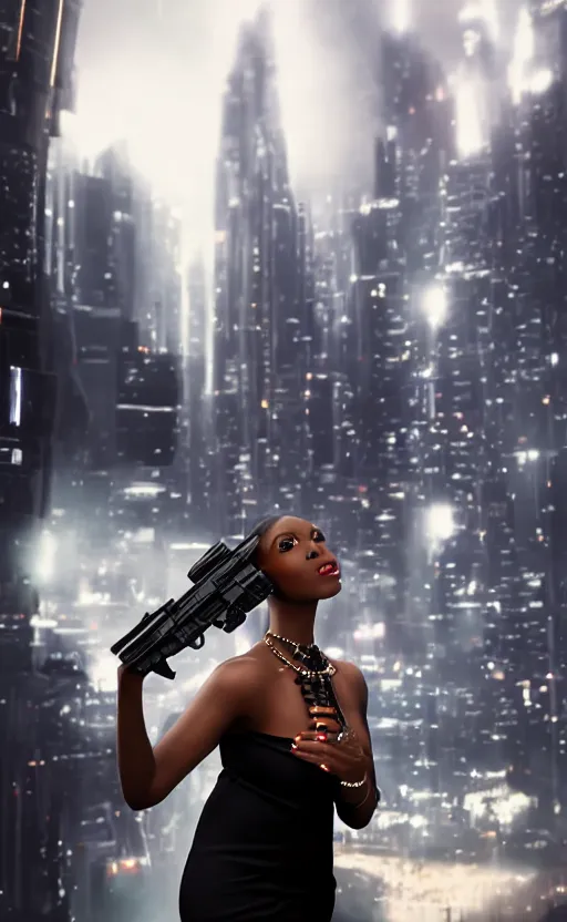 Image similar to Elegant Black woman in dress and heels, holding a futuristic pistol, back to us, looking at a futuristic Blade Runner city” 8K