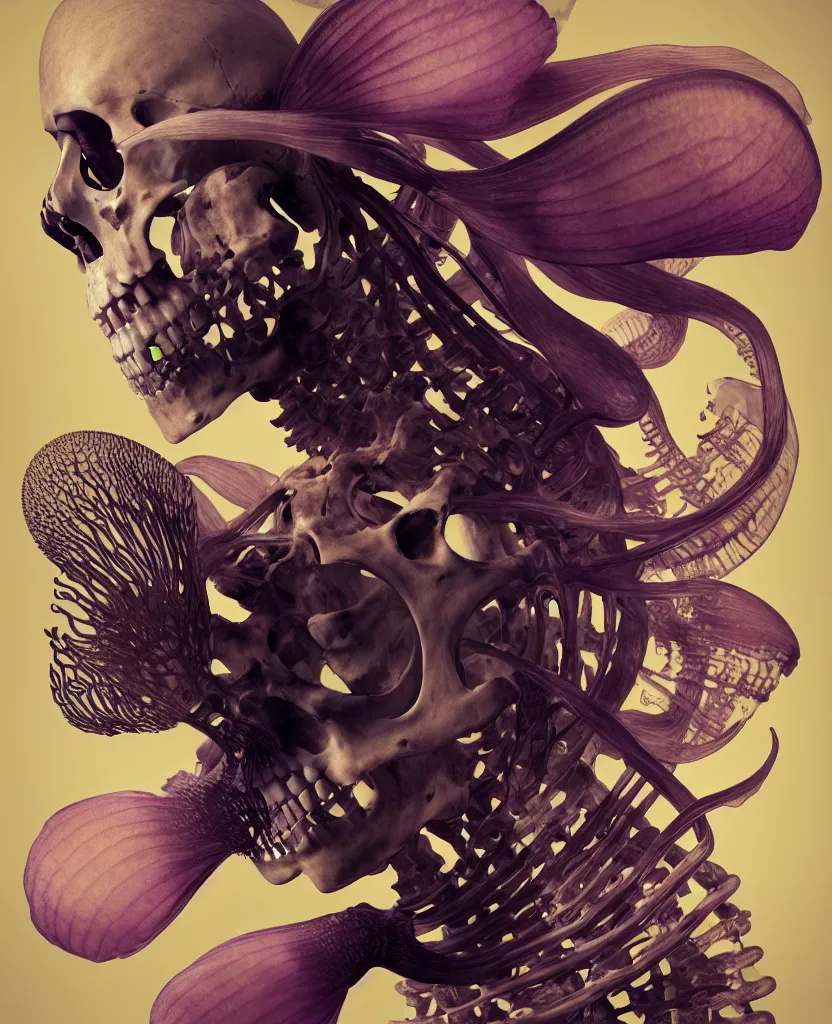 Image similar to goddess close-up portrait human skeleton, ram skull, skeleton, thorax, x-ray, backbone, jellyfish phoenix head, nautilus, orchid, skull, betta fish, bioluminiscent creatures, intricate artwork by Tooth Wu and wlop and beeple. octane render, trending on artstation, greg rutkowski very coherent symmetrical artwork. cinematic, hyper realism, high detail, octane render, 8k