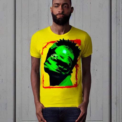 Image similar to t - shirt mockup, 3 d, hyper - realistic, basquiat style print, black boy white hair, rio de janeiro favela