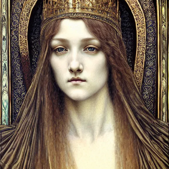 Image similar to detailed realistic beautiful young medieval queen face portrait by jean delville, gustave dore and marco mazzoni, art nouveau, symbolist, visionary, gothic, pre - raphaelite. horizontal symmetry