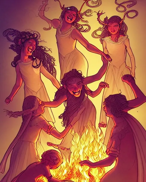 Image similar to fantasy comic cover art of a ( ( group of faeries ) ) laughing and dancing around a bonfire, illustration by jenny frison and sana takeda, intricate details, stunning inking lines, stunning gradient colors, 4 k, hd, artstation, award winning