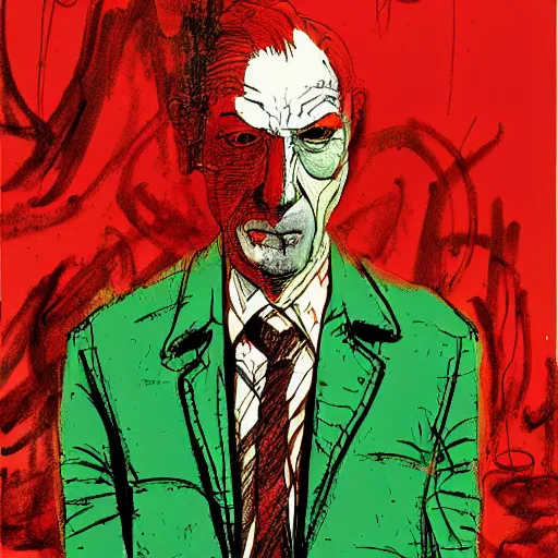 Prompt: Graphic Illustration, Creative Design, Saul Goodman, fungal, biopunk, Full Body Portrait, Character Design, by Ashley Wood, Jamie Hewlett, Ralph Steadman, Francis Bacon, Hunter S Thompson