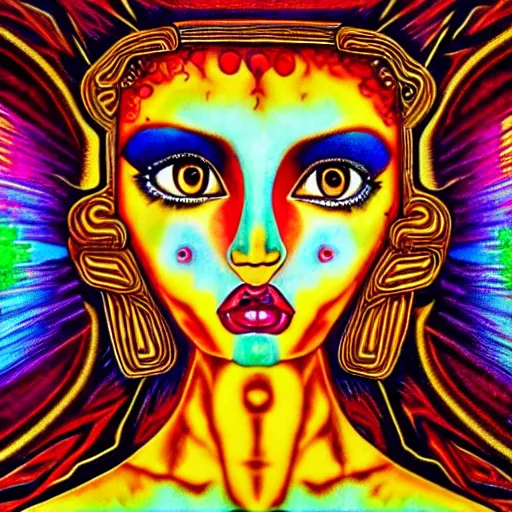 Image similar to tan latina woman, landscape, entering fourth dimension, third eye, prominent rosy cheek bones, black hair and brown eyes, psychedelic di vinci art style,