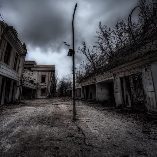 Prompt: photo of a horror abandoned ghost city, creepy lighting. 8k