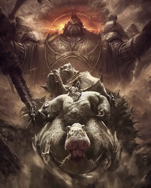 Image similar to Hippo, Anthropomorphized, as warlord general on skull throne, magic the gathering artwork, D&D, fantasy, cinematic lighting, centered, symmetrical, highly detailed, digital painting, artstation, concept art, smooth, sharp focus, illustration, volumetric lighting, epic Composition, 8k, art by Akihiko Yoshida and Greg Rutkowski and Craig Mullins, heroic pose, oil painting, cgsociety, Battlefield background, explosions, arrows