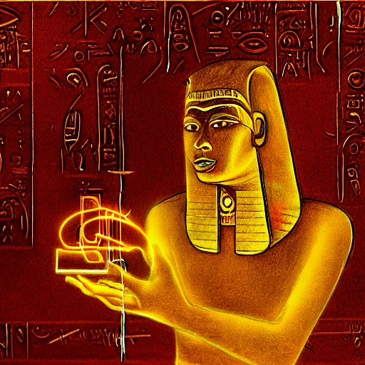 Image similar to A computer art. A rip in spacetime. Did this device in his hand open a portal to another dimension or reality?! Egyptian, burnt umber by George Lucas mournful, frightful