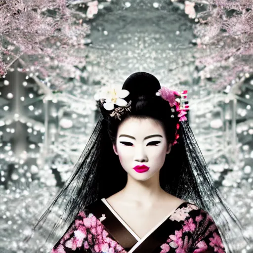 Prompt: portrait of a geisha dressed in metallic clothes, in a ice castle, with cherry blossom flowers around her, award winning photography