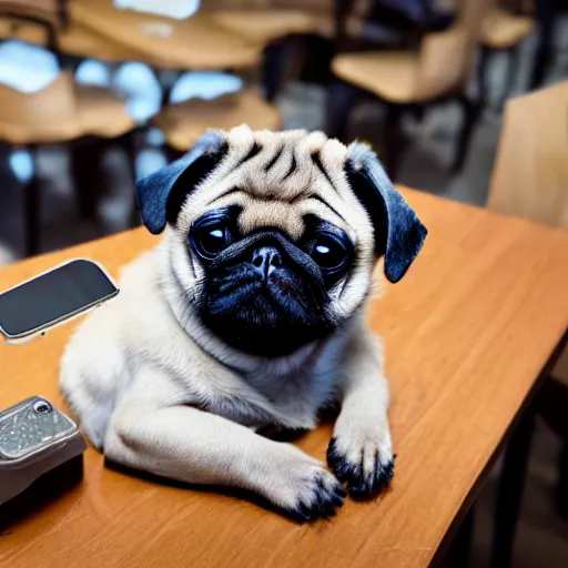 Prompt: 8k photograph of a miniature Pug at a table near a smartphone