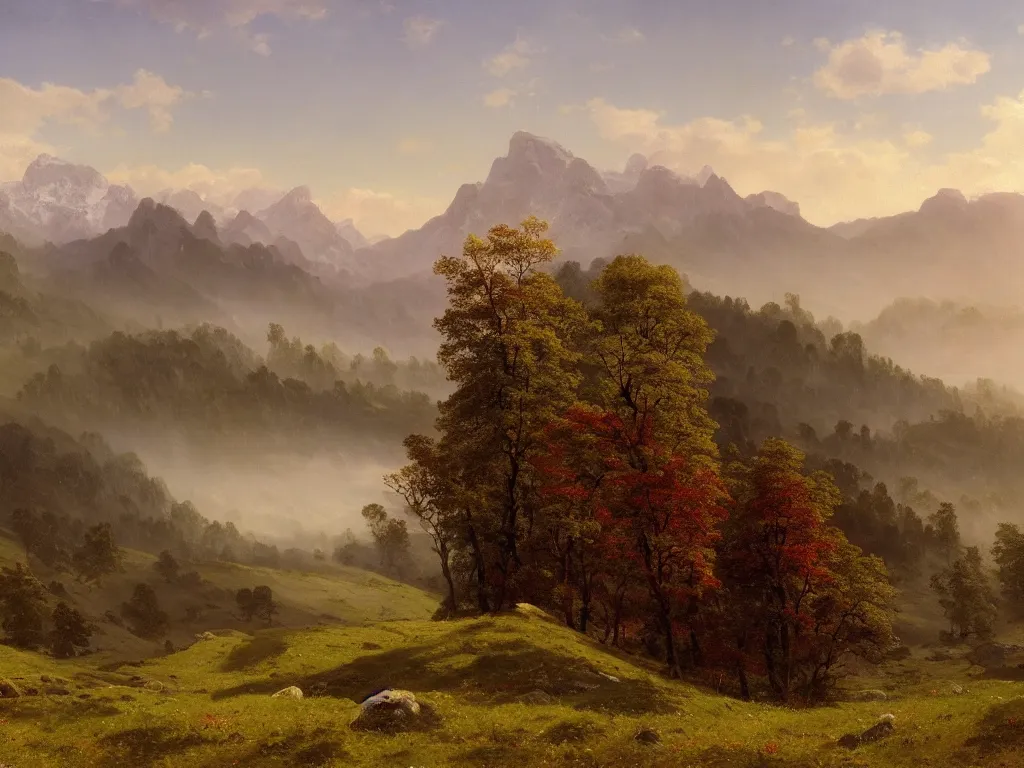 Image similar to epic landscape with rolling hills, groups of old trees with flower meadows in between in early morning light, small pink clouds in the sky and and misty mountains with snowy tops in the far background by alexandre calame and bob ross, godrays, velvia 5 0, large format camera, artstation, vray render