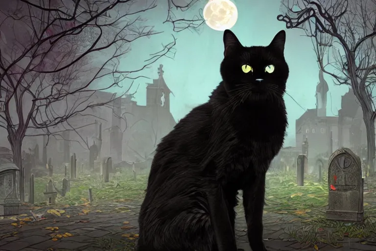 Image similar to an ultra detailed animation of a black cat in a graveyard at midnight on halloween, tattoo on shohulder, digital art, dark fantasy, concept art, soulslike, by alphonse mucha, blood moon eclipse, ruined building in the background, artstation, 8 k, unreal engine render