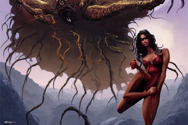 Image similar to A portrait painting of a spider woman with giant spider legs and hair needles crawling out of a volcano, illustration, detailed, award-winning, trending on artstation, by Frank Frazetta and Charlie Bowater and Mark Brooks and Richard Corben H-1024