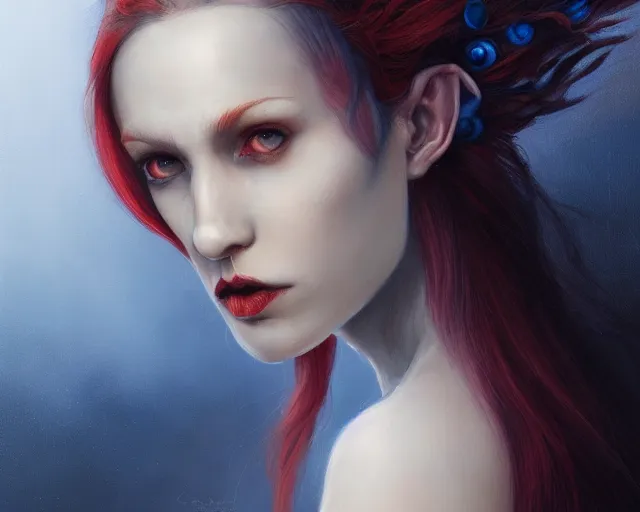 Image similar to A detailed matte oil on canvas head on symmetrical portrait of a distinguished elven woman with red and blue hair on an empty background, by Charlie bowater, Lise Deharme, Wlop, trending on artstationhd, dungeons and dragons art, parted hair , half blue, half red , split dye, critical role