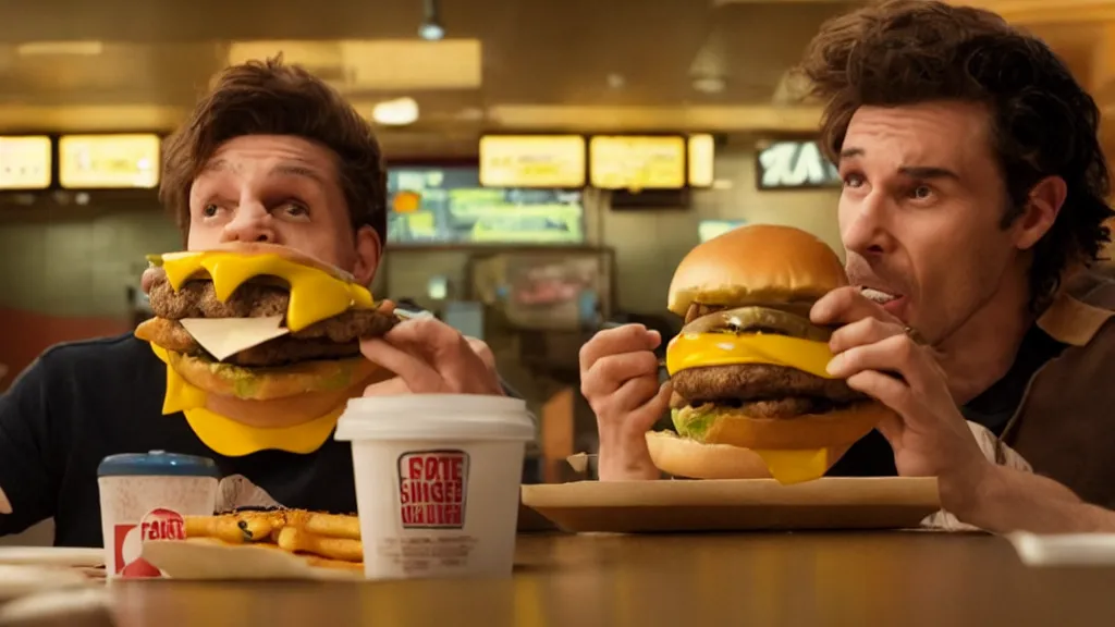 Image similar to the strange creature eats a cheeseburger, at the fast food restaurant, film still, directed by david cronenberg studio lighting, extremely professional